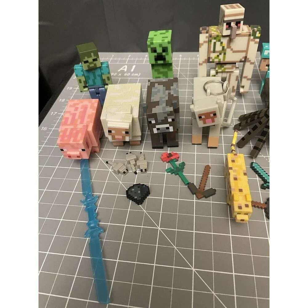 Minecraft Figures Lot Of 38 Animals Blocks Bed Weapons Jazwares Mojang